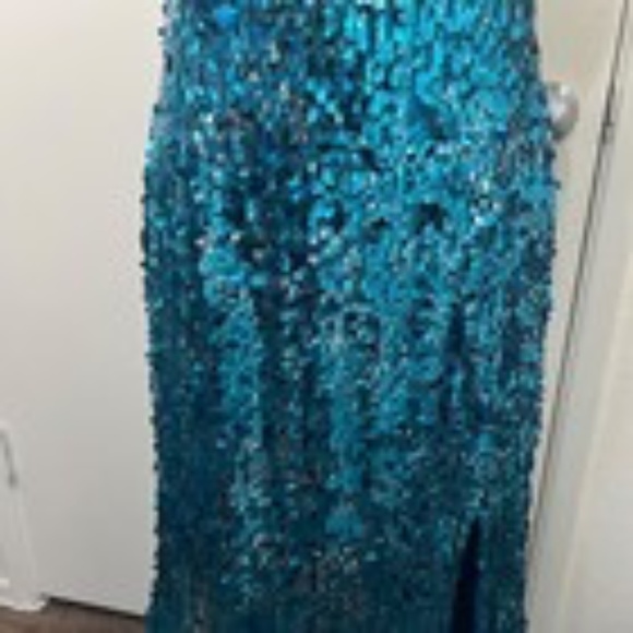 Sean Collection Sequined Lattice Back Mermaid Gown Dress Strapless Aqua Teal 10 - Picture 9 of 14